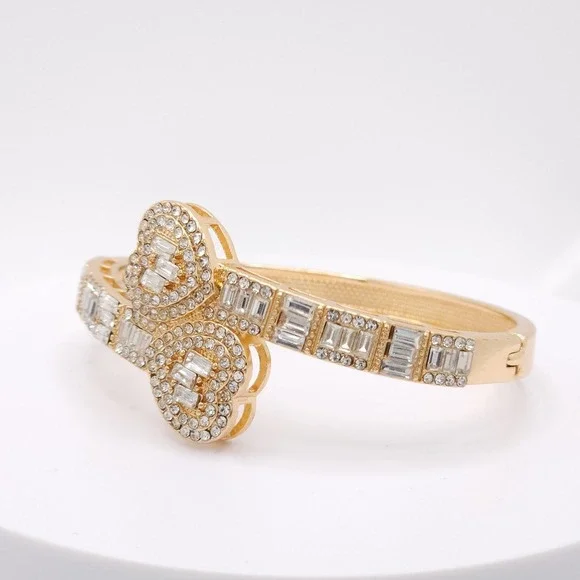 Gold Plated Double Heart Hinged Cuff Bracelet Women's CZ Bangle Romantic Jewelry - Picture 3 of 17